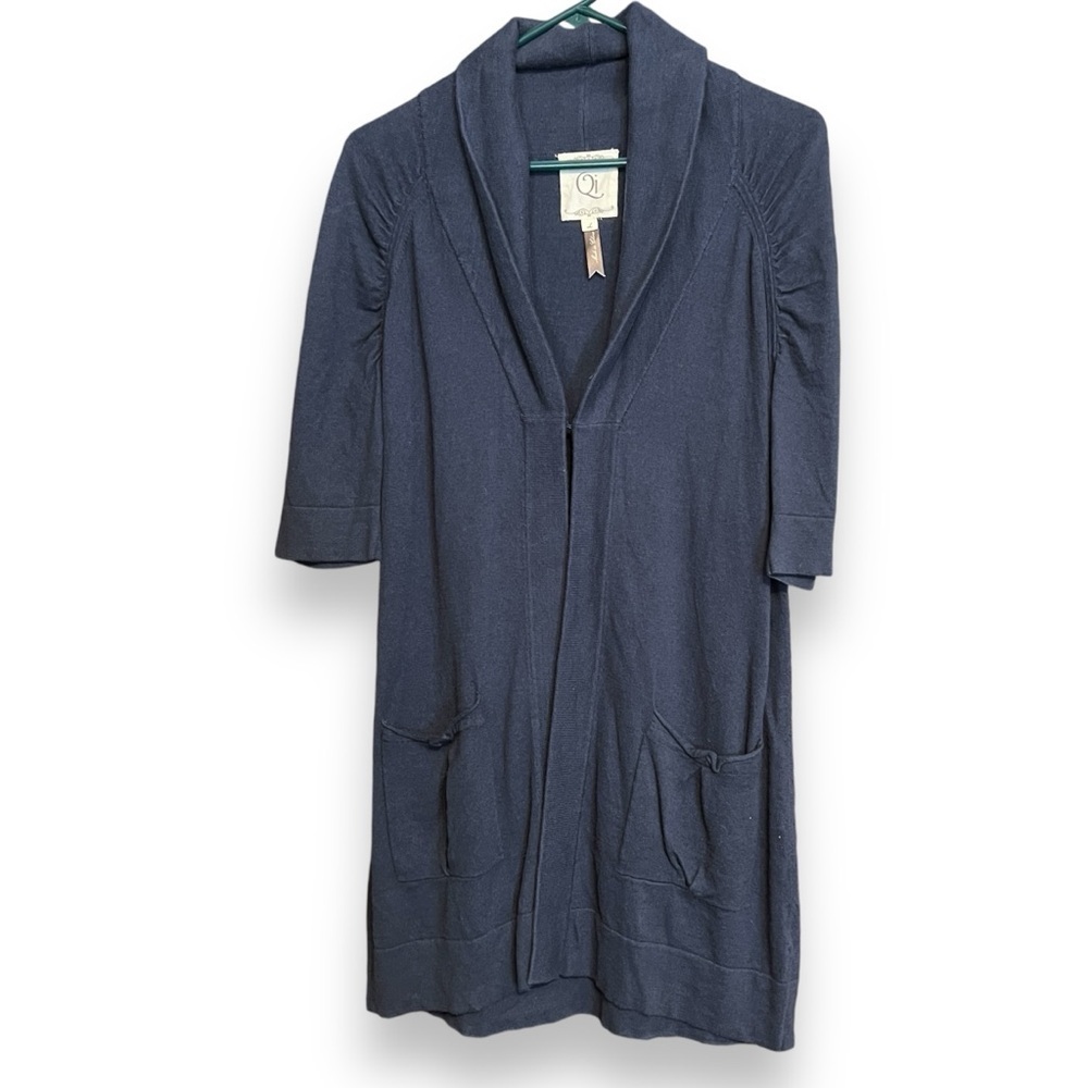 Qi Lagonlook Raglan Short Sleeve Cotton Wool Navy Blue Knit Cardigan